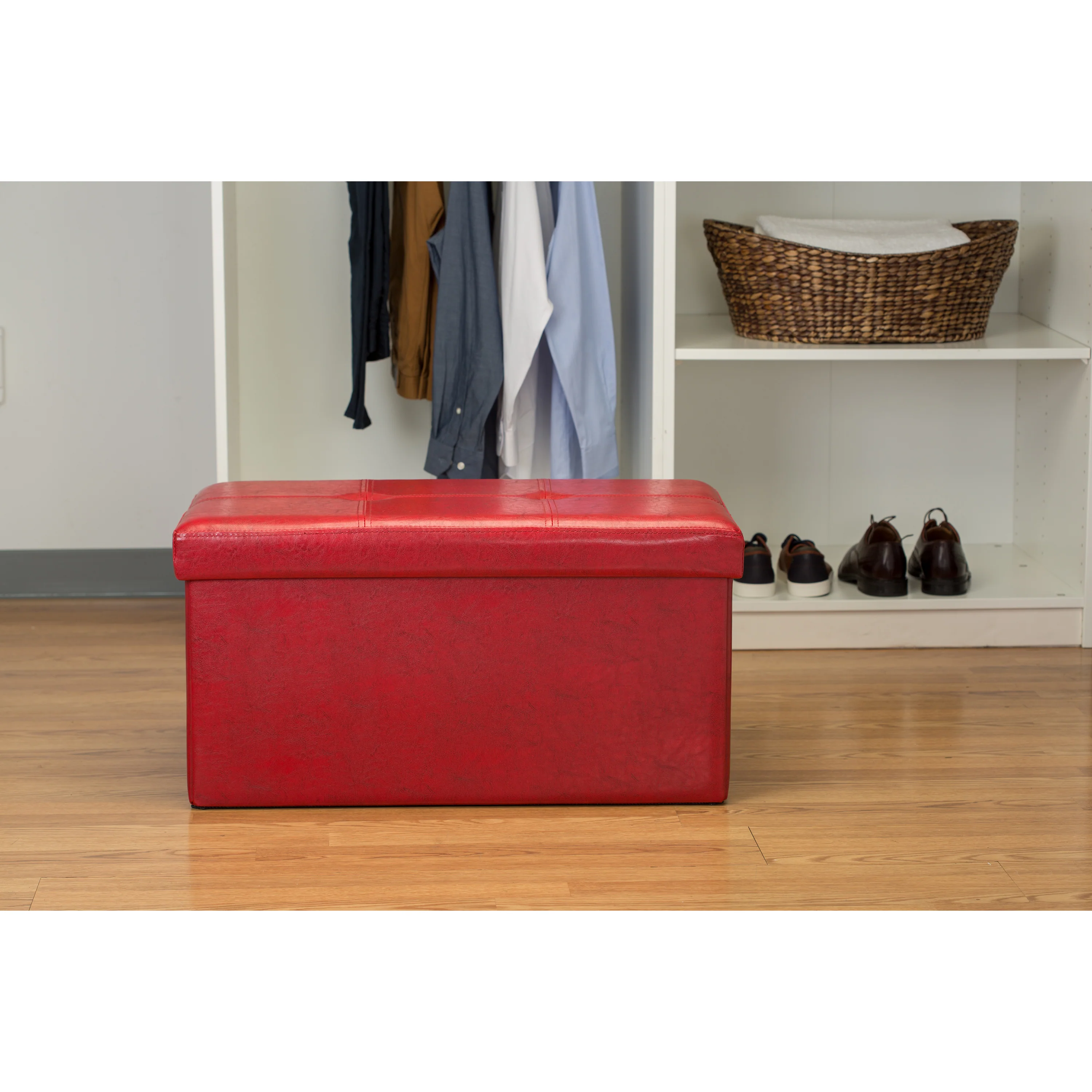 Simplify Faux Leather Double Folding Storage Ottoman in Red - Image 3