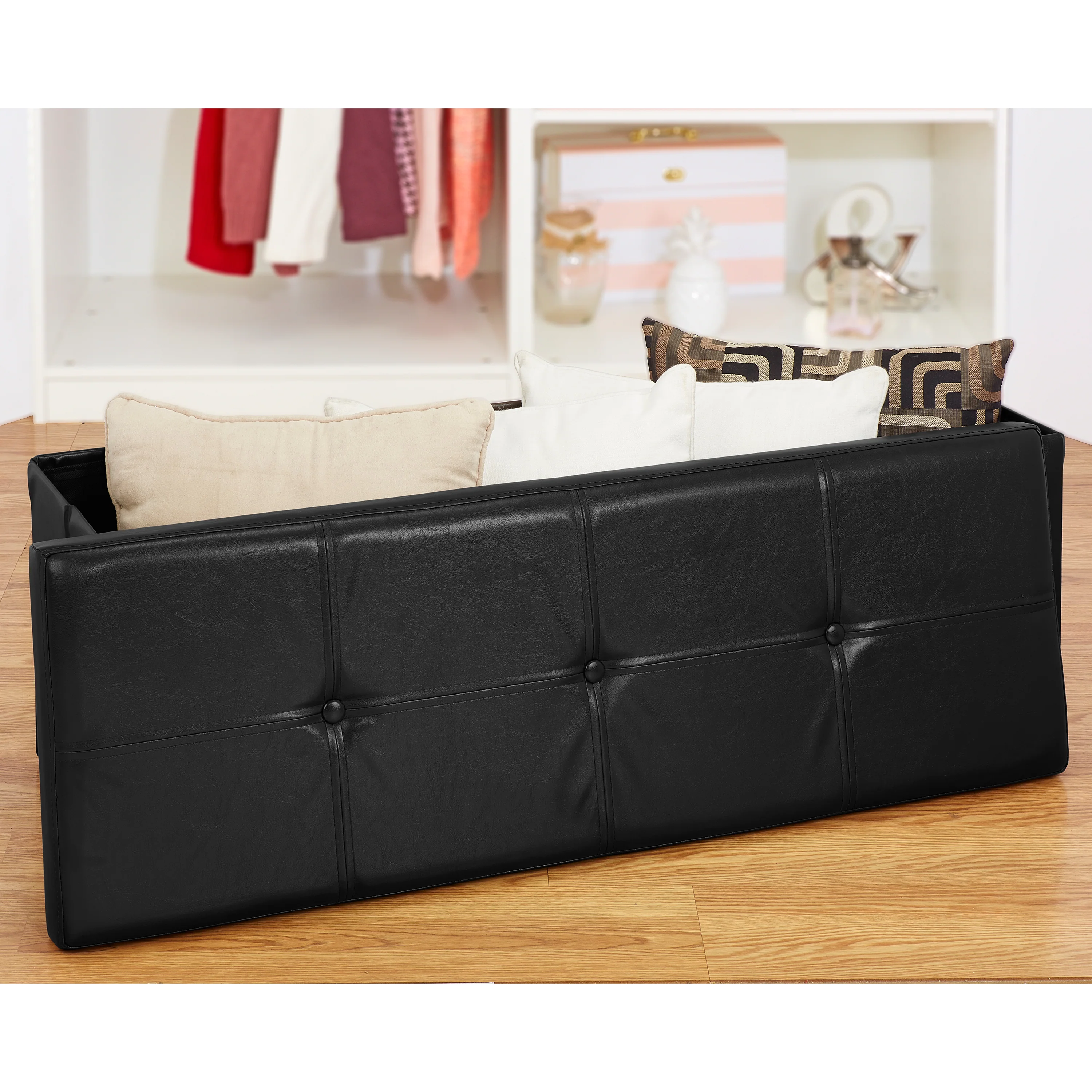 Simplify Faux Leather Triple Folding Storage Ottoman in Black - Image 2