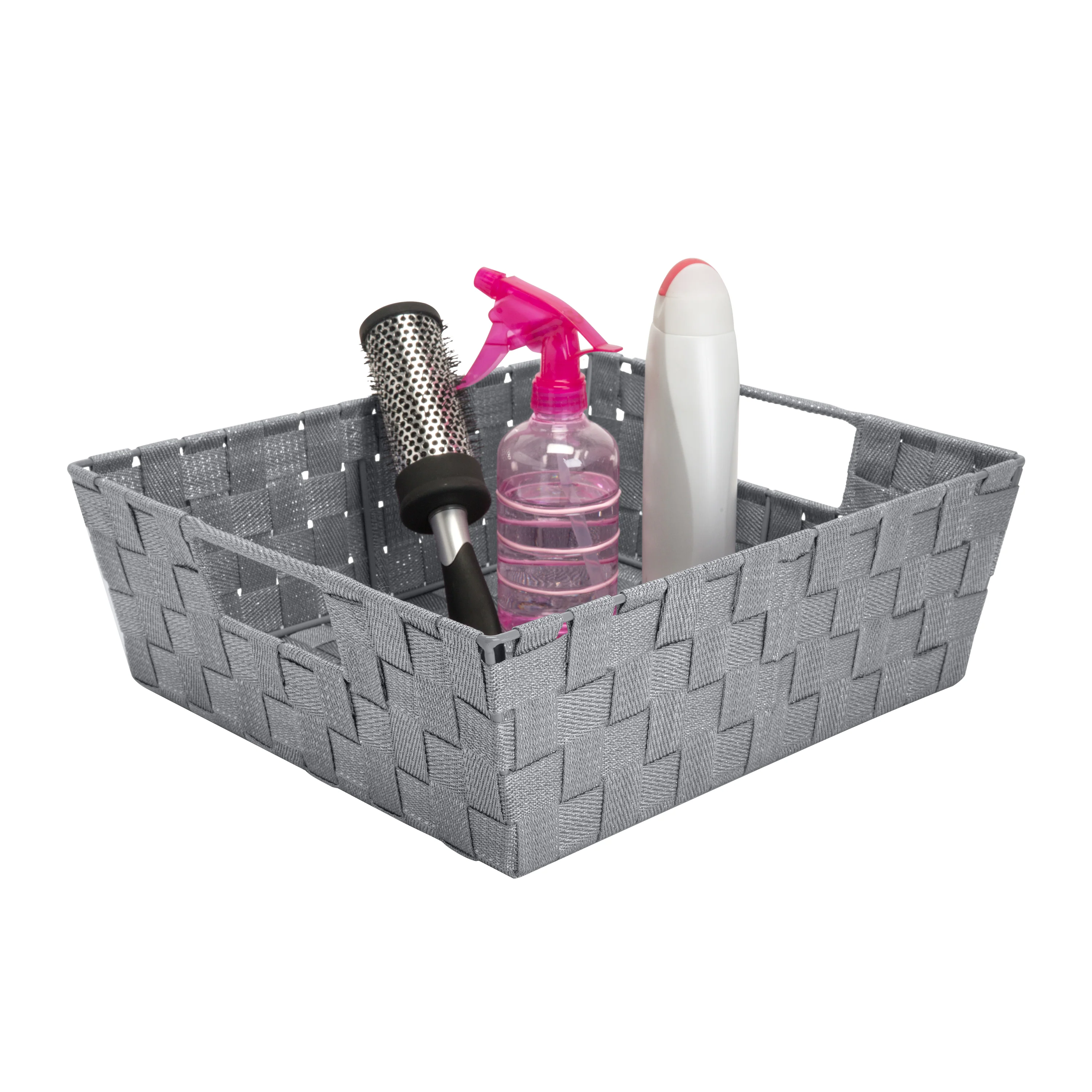 Simplify Large Lurex Striped Woven Storage Shelf Bin in Grey/Silver - Image 3