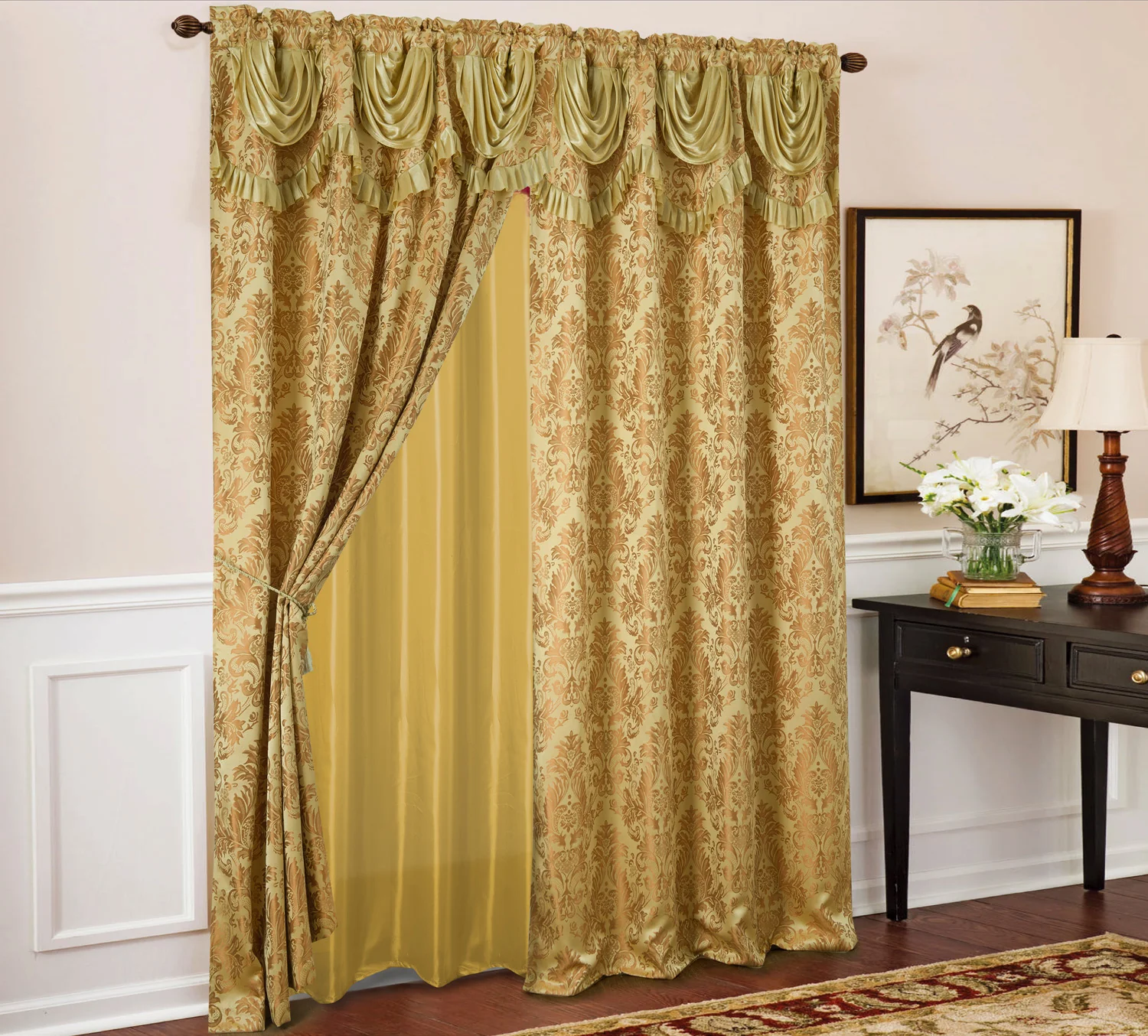 Sparta Damask Jacquard Rod Pocket Panel With Attached Valance, 54x84 Inches