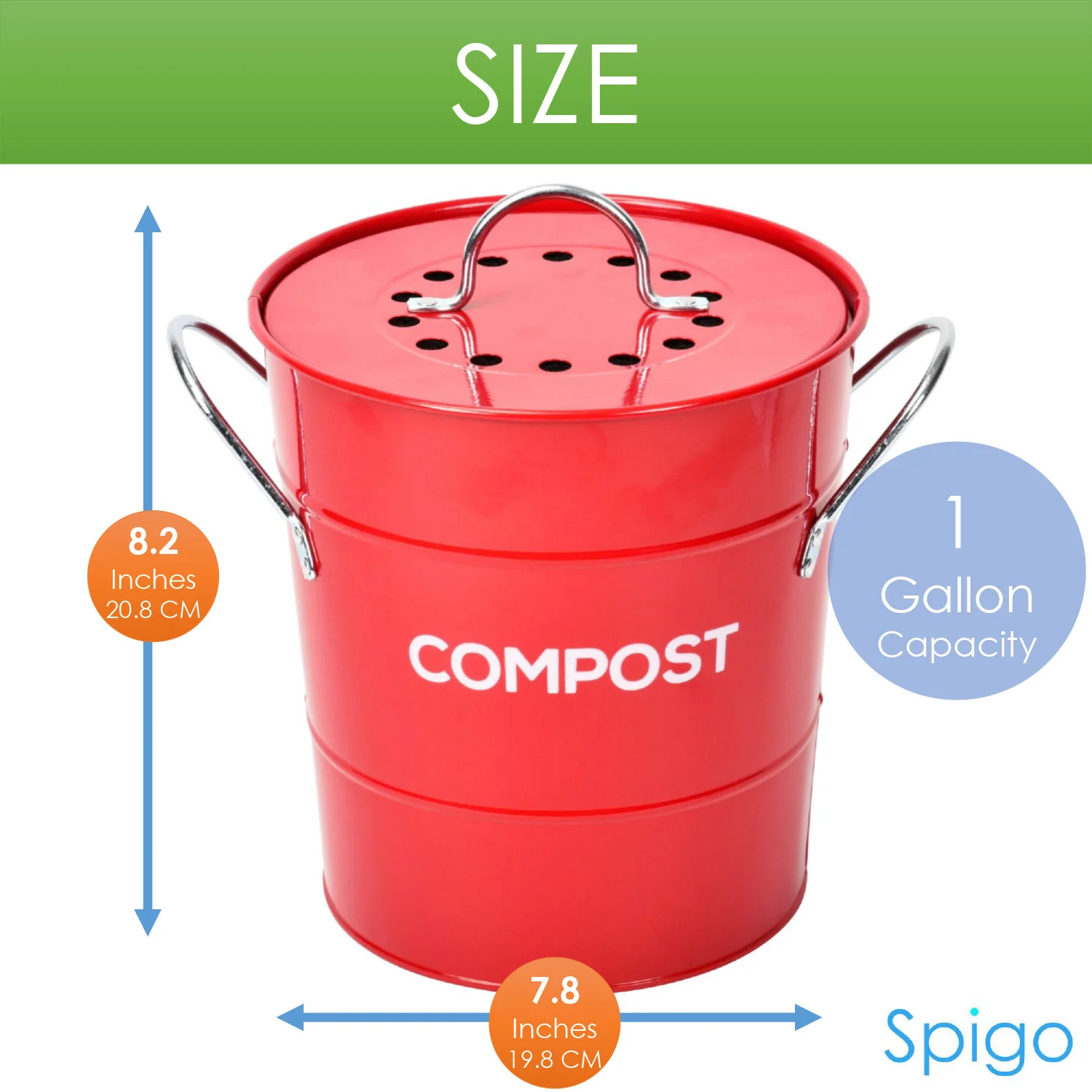 Spigo Steel Kitchen Compost Bin With Vented Charcoal Filter and Bucket, Red, 1 Gallon - Image 5