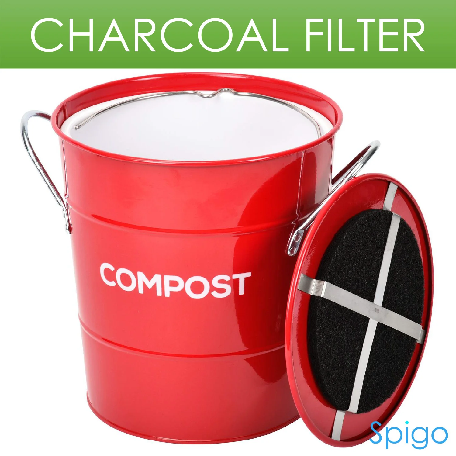 Spigo Steel Kitchen Compost Bin With Vented Charcoal Filter and Bucket, Red, 1 Gallon - Image 8