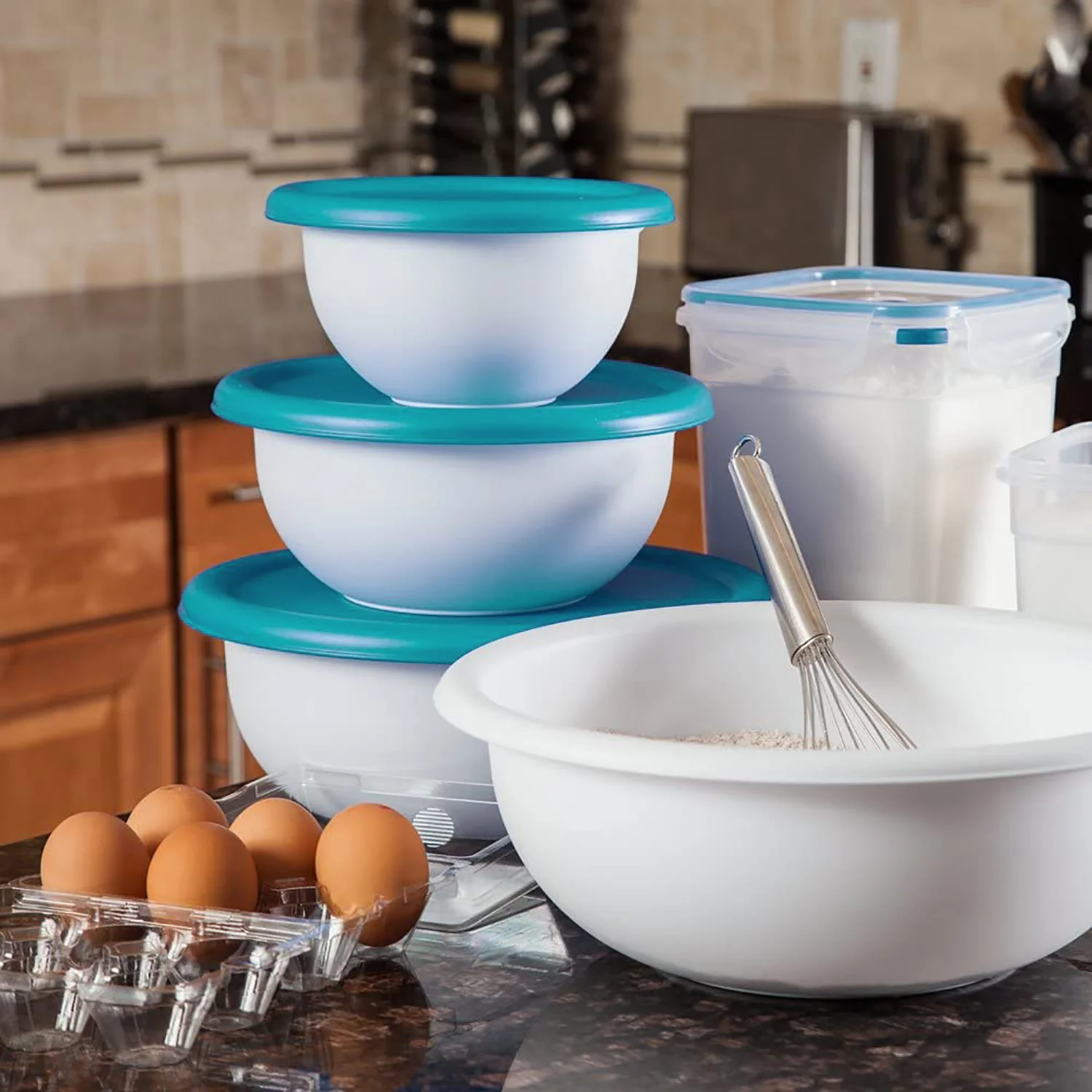 Sterilite 8 Piece Covered Bowl Set, Multisize, White-Teal Lids - Image 3