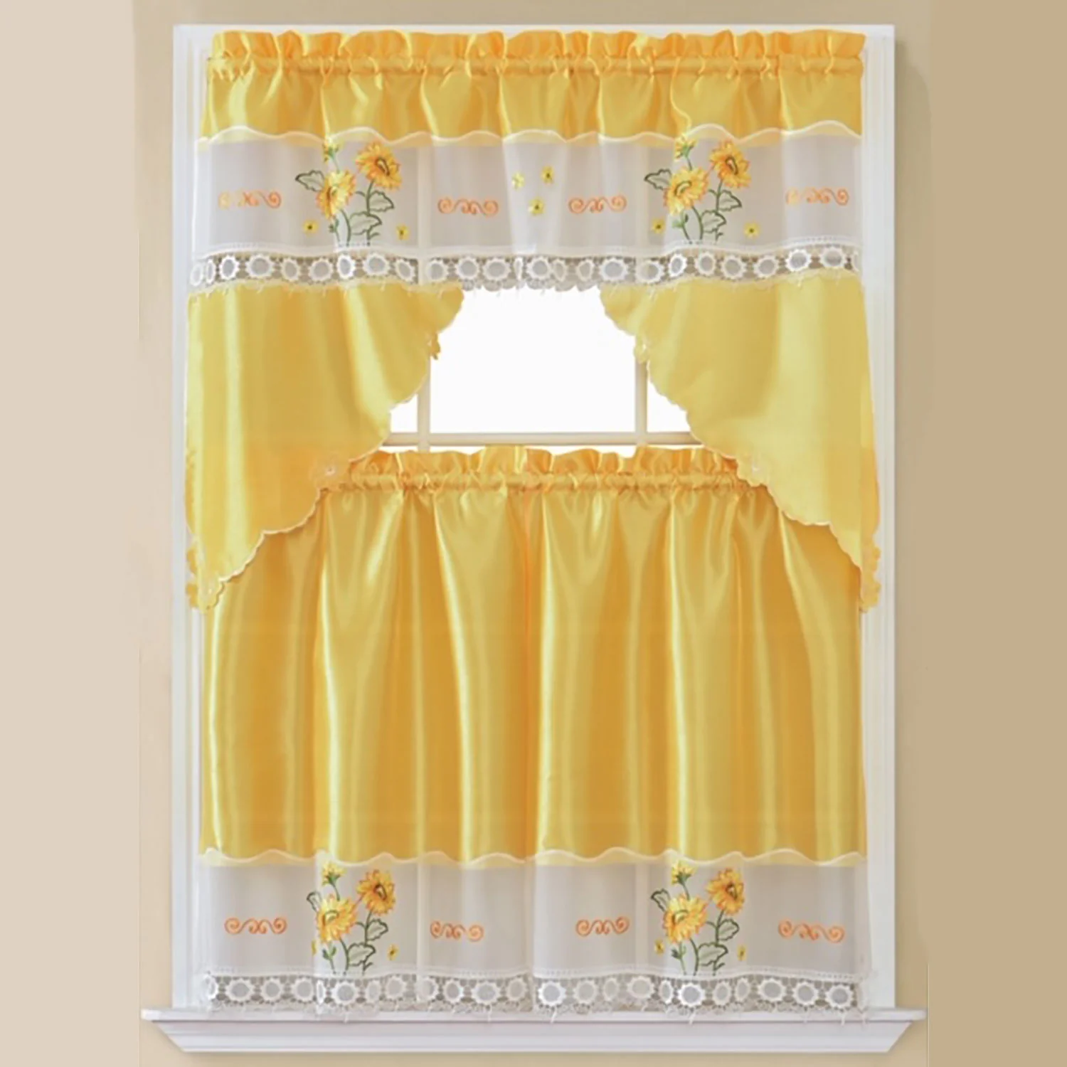 Sunflower 3-Piece Embroidered Kitchen Curtain Set With Swag Valance, Yellow, 60x36 Inches