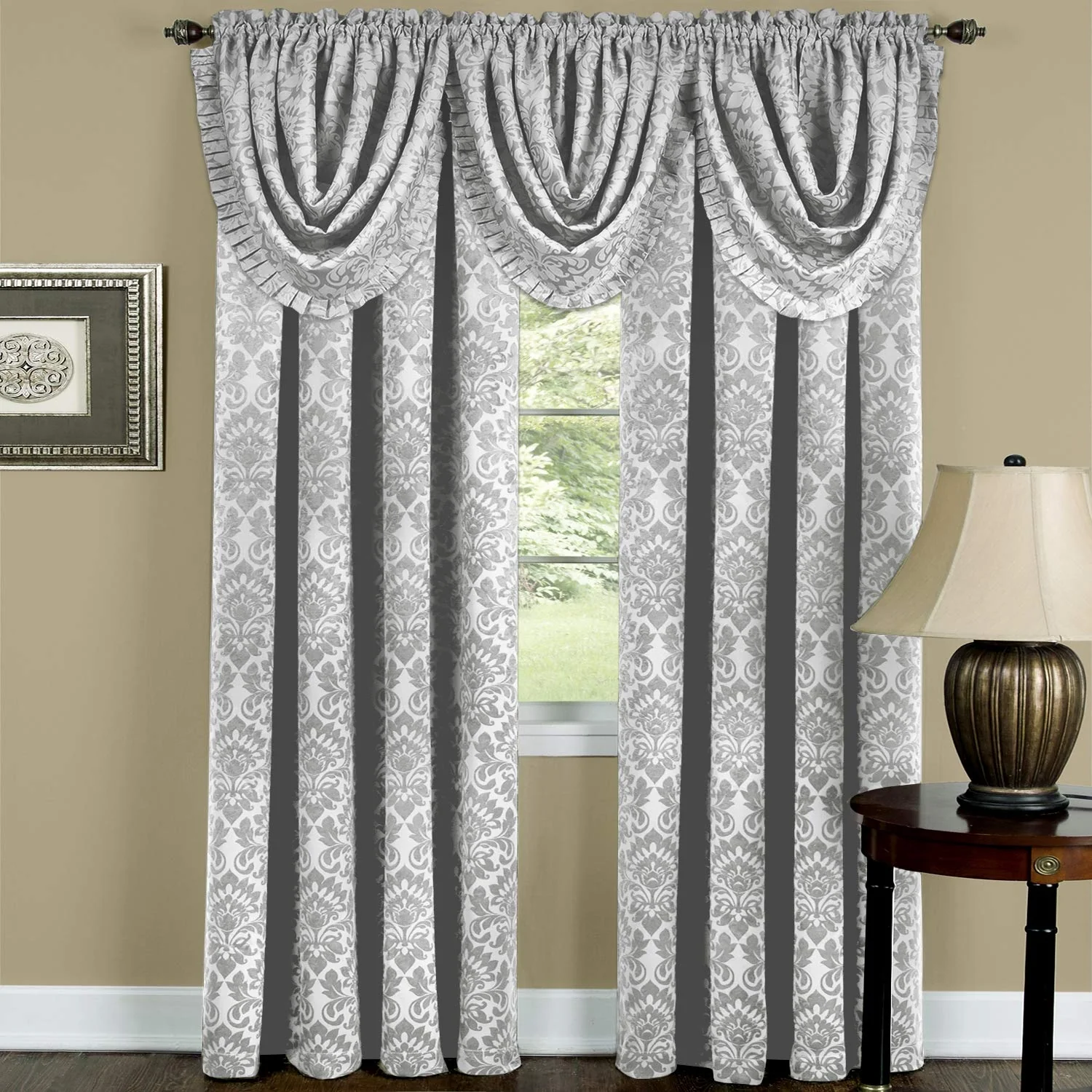 Sutton Medallion Jacquard Rod Pocket Blackout Panel and Valance Treatments, Silver