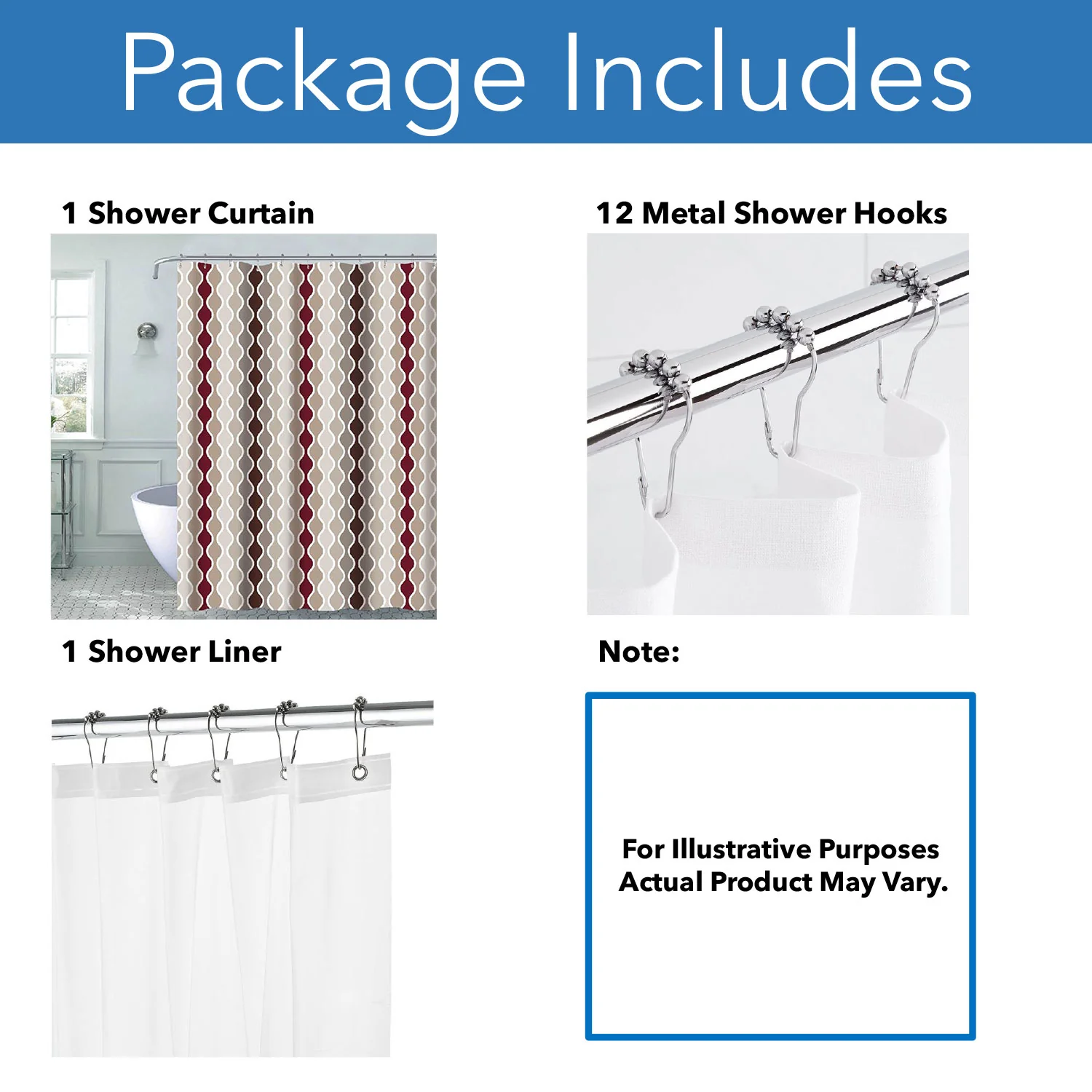 Tasha Ogee Shower Curtain, 12 Metal Hooks With Shower Liner Set, Burgundy, 70x72 Inches - Image 2