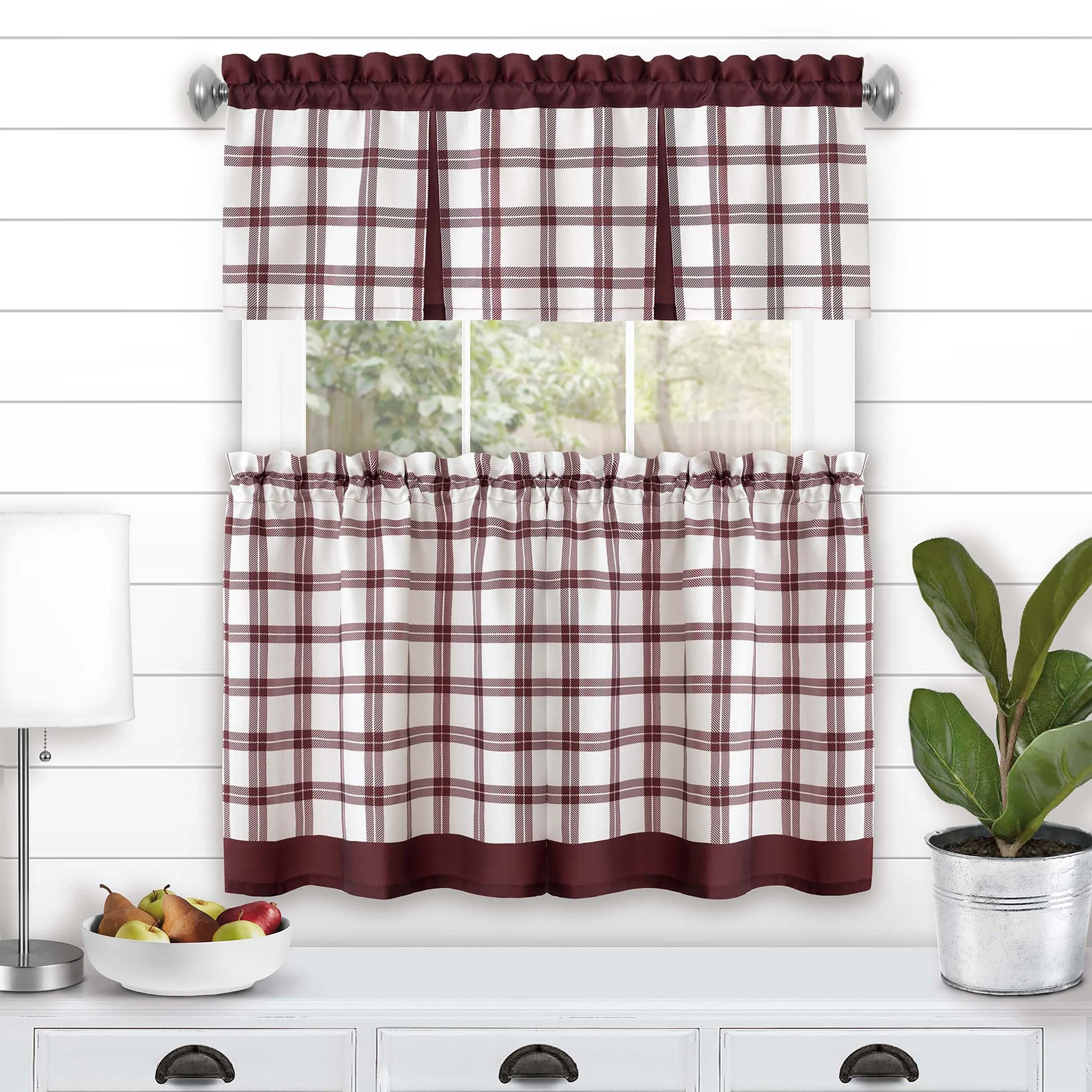 Tate Printed Windowpane Plaid Kitchen Curtain and Valance Set, Tiers 55x36, Valance 56x13 Inches - Image 12