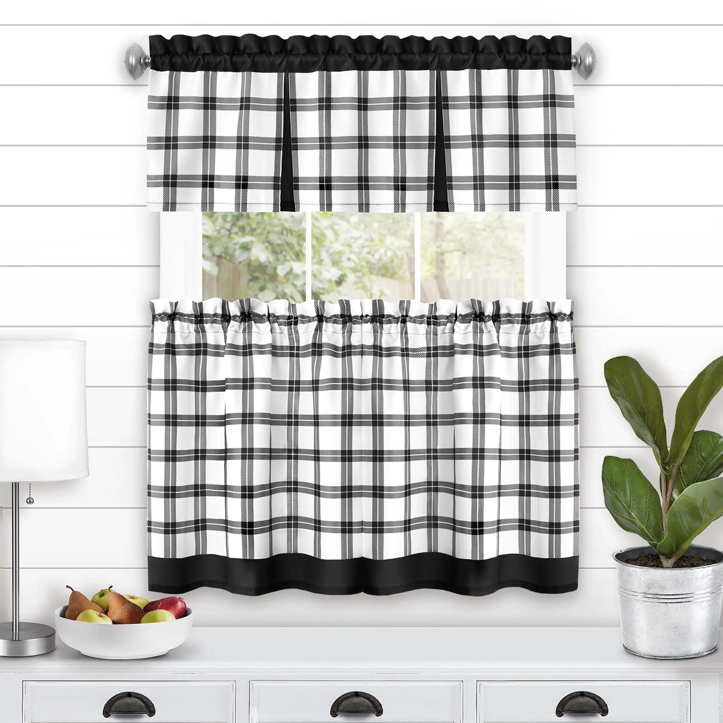 Tate Printed Windowpane Plaid Kitchen Curtain and Valance Set, Tiers 55x36, Valance 56x13 Inches - Image 31