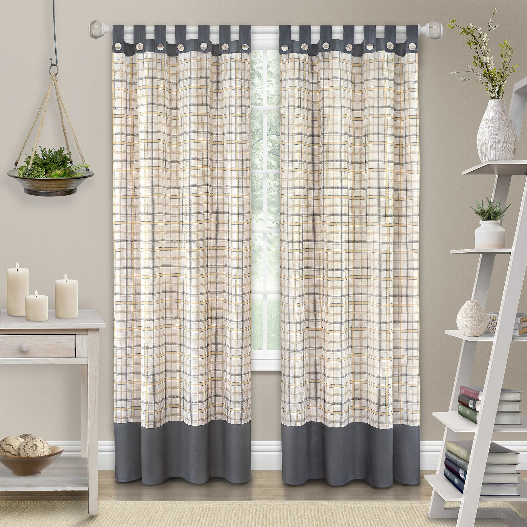Tattersall Button Tab Top Window Curtain Panel - 52x63 - Grey