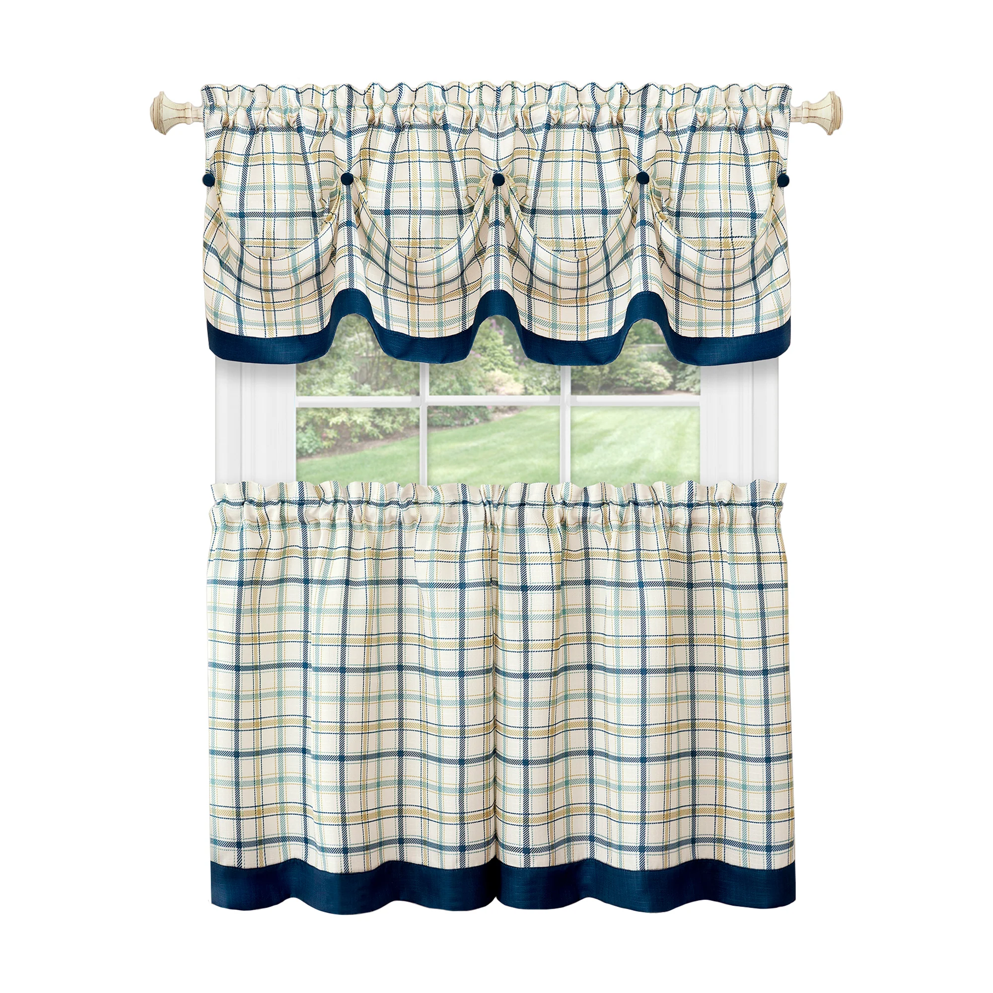 Tattersall Window Curtain Tier Pair and Valance Set - 58x24 - Navy - Image 4