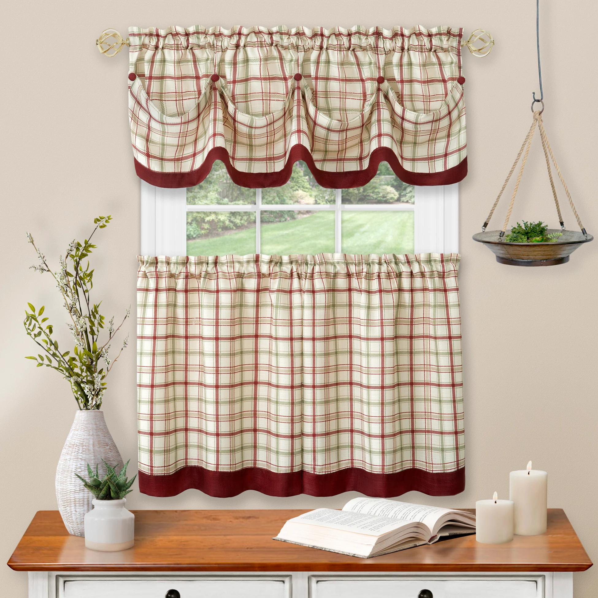 Tattersall Window Curtain Tier Pair and Valance Set - 58x36 - Burgundy