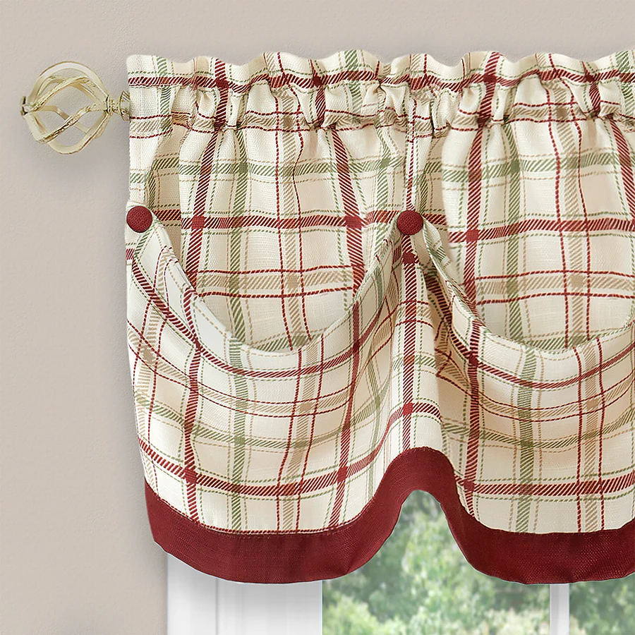 Tattersall Window Curtain Tier Pair and Valance Set - 58x36 - Burgundy - Image 2