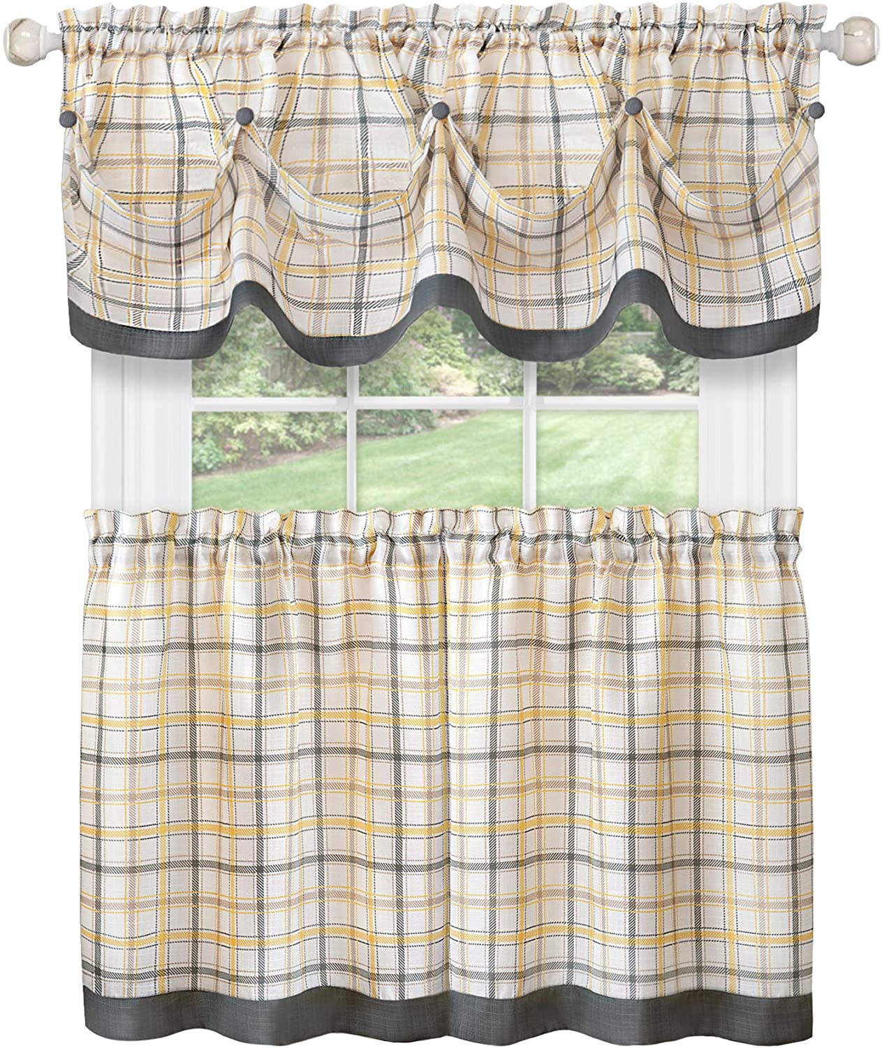 Tattersall Window Curtain Tier Pair and Valance Set - 58x36 - Grey - Image 4