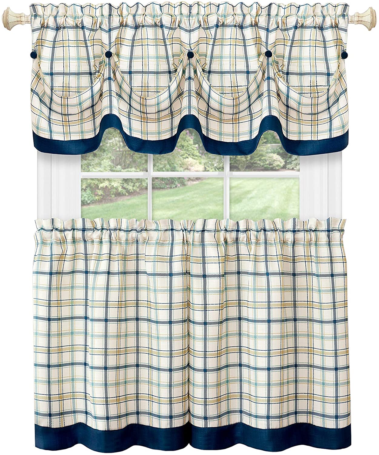 Tattersall Window Curtain Tier Pair and Valance Set - 58x36 - Navy - Image 5