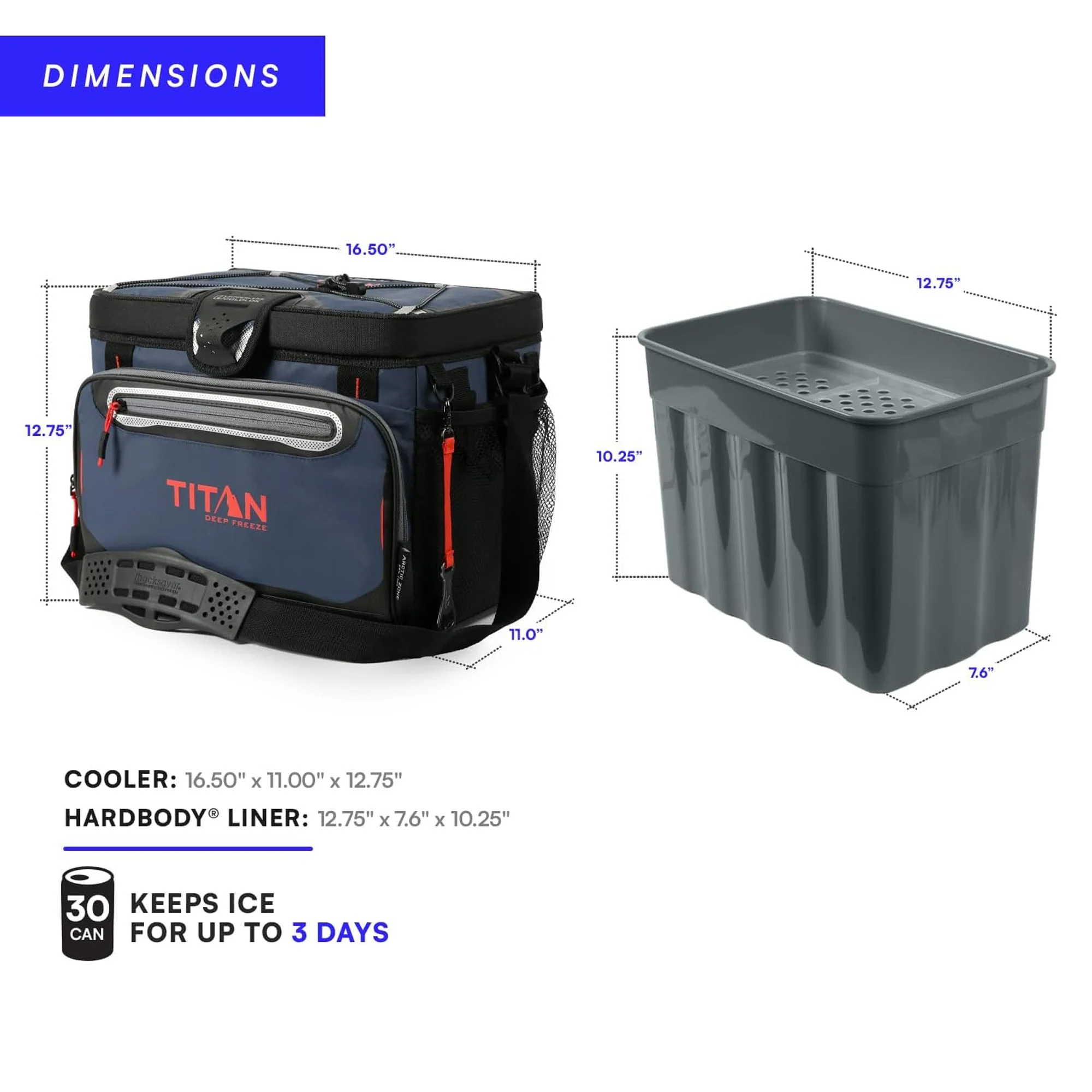 Titan 30 Can Deep Freezer Zipperless Soft Cooler with HardBody Liner, Navy Blue - Image 6