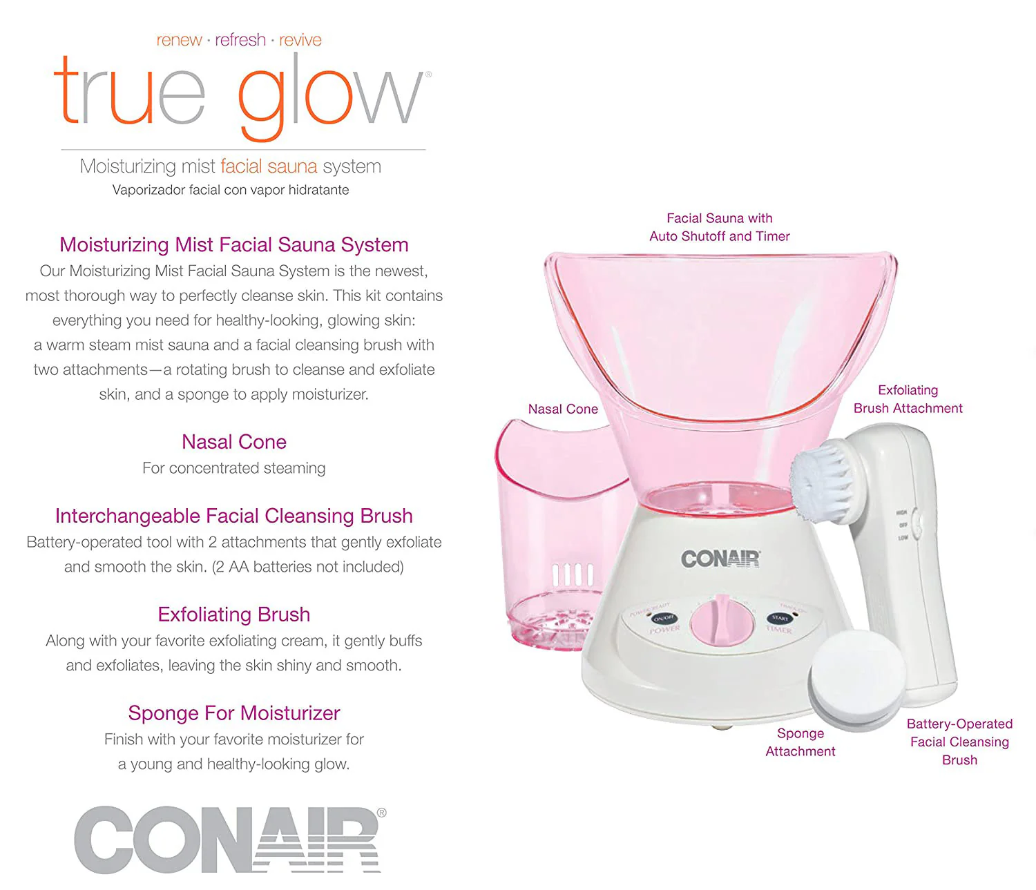 True Glow by Conair Moisturizing Mist Facial Sauna System, Pink-Cream - Image 7
