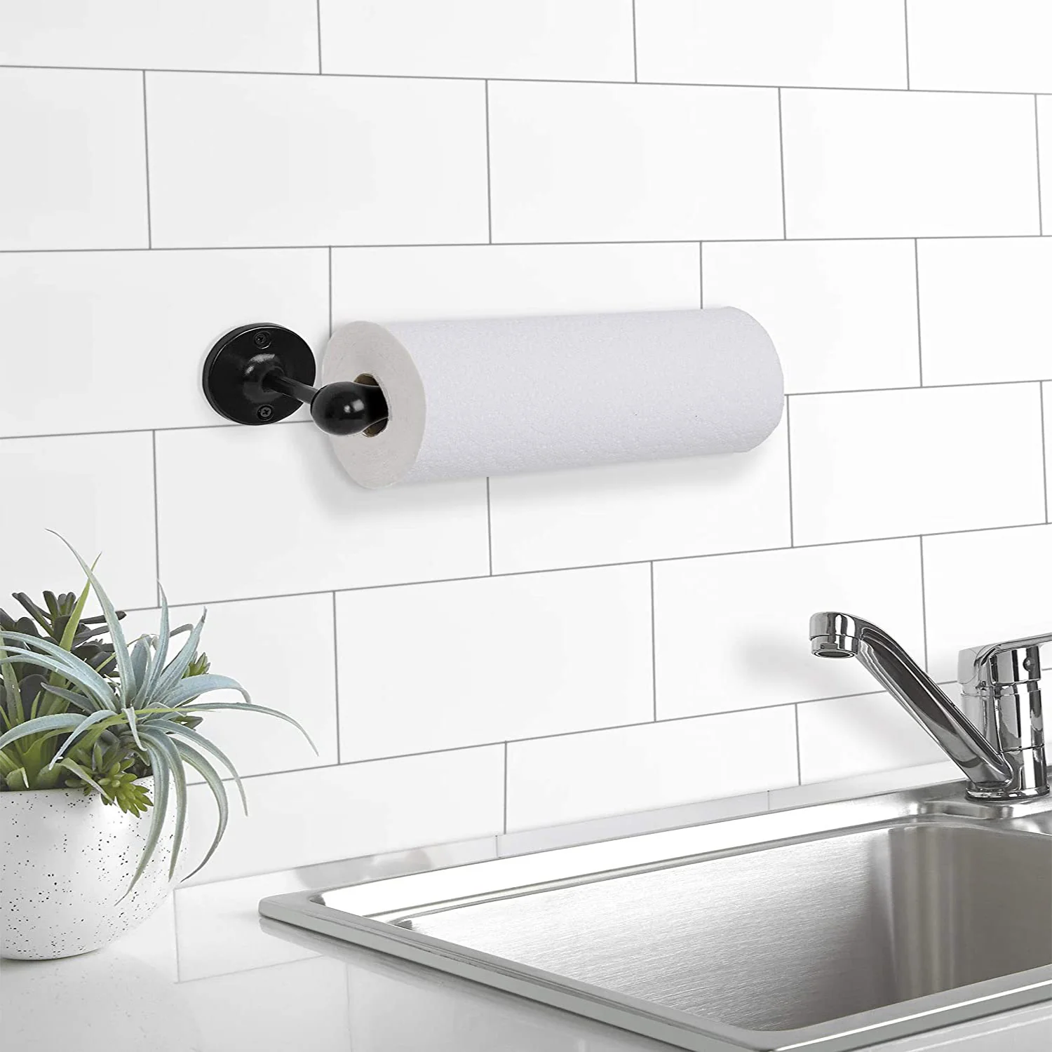 Umbra Tug Wall Mounted One-Handed Tear Paper Towel Holder, Black - Image 2