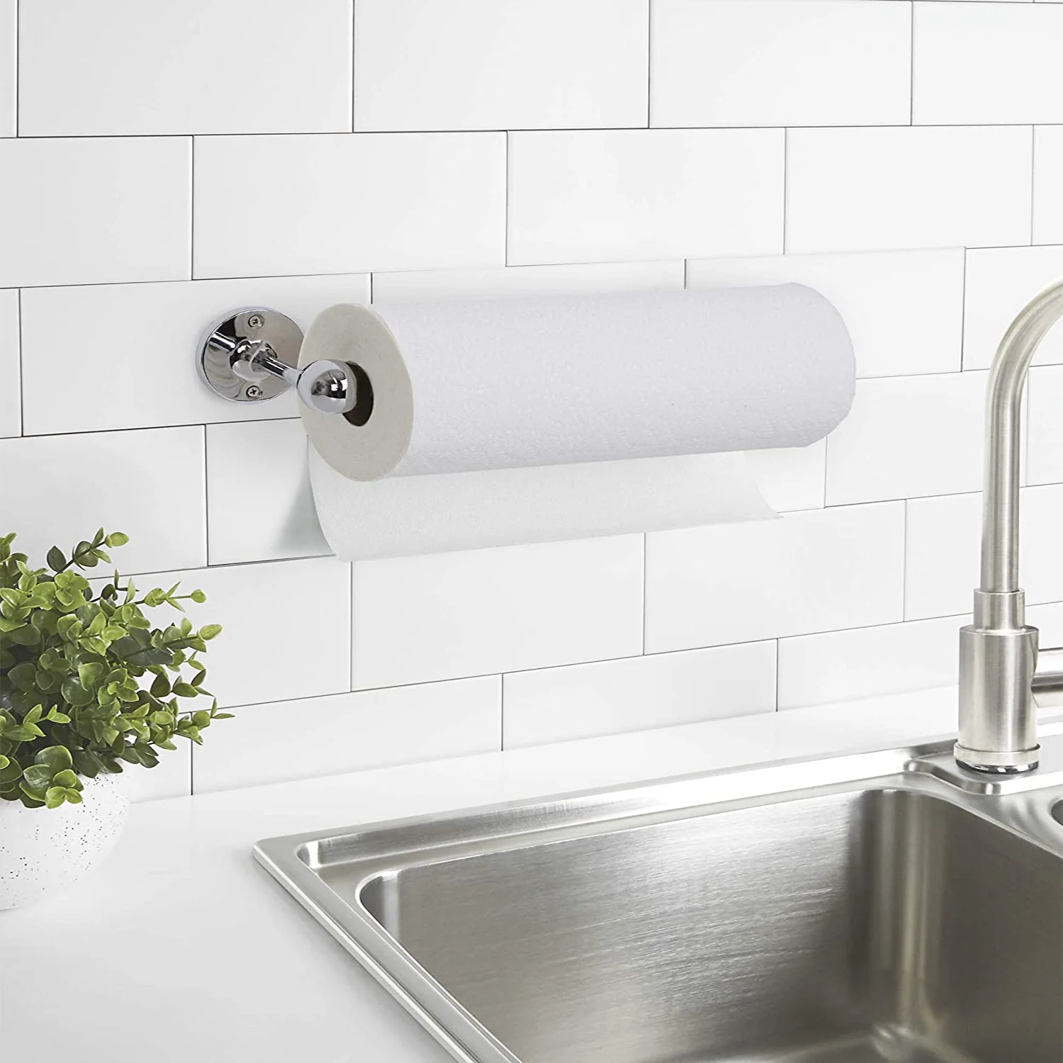 Umbra Tug Wall Mounted One-Handed Tear Paper Towel Holder, Chrome-Grey - Image 2