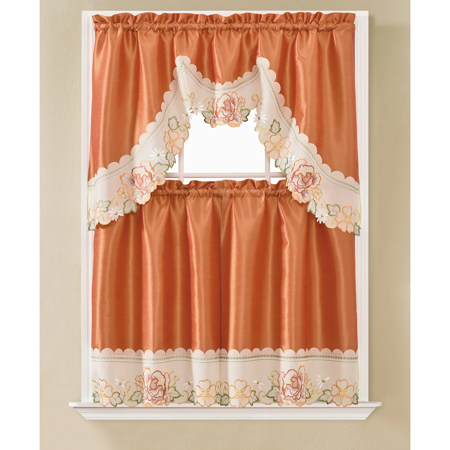 Vanessa Embroidered Kitchen Curtain Set, Orange, Tier 30x36, Valance 60x36 Inches - Image 2