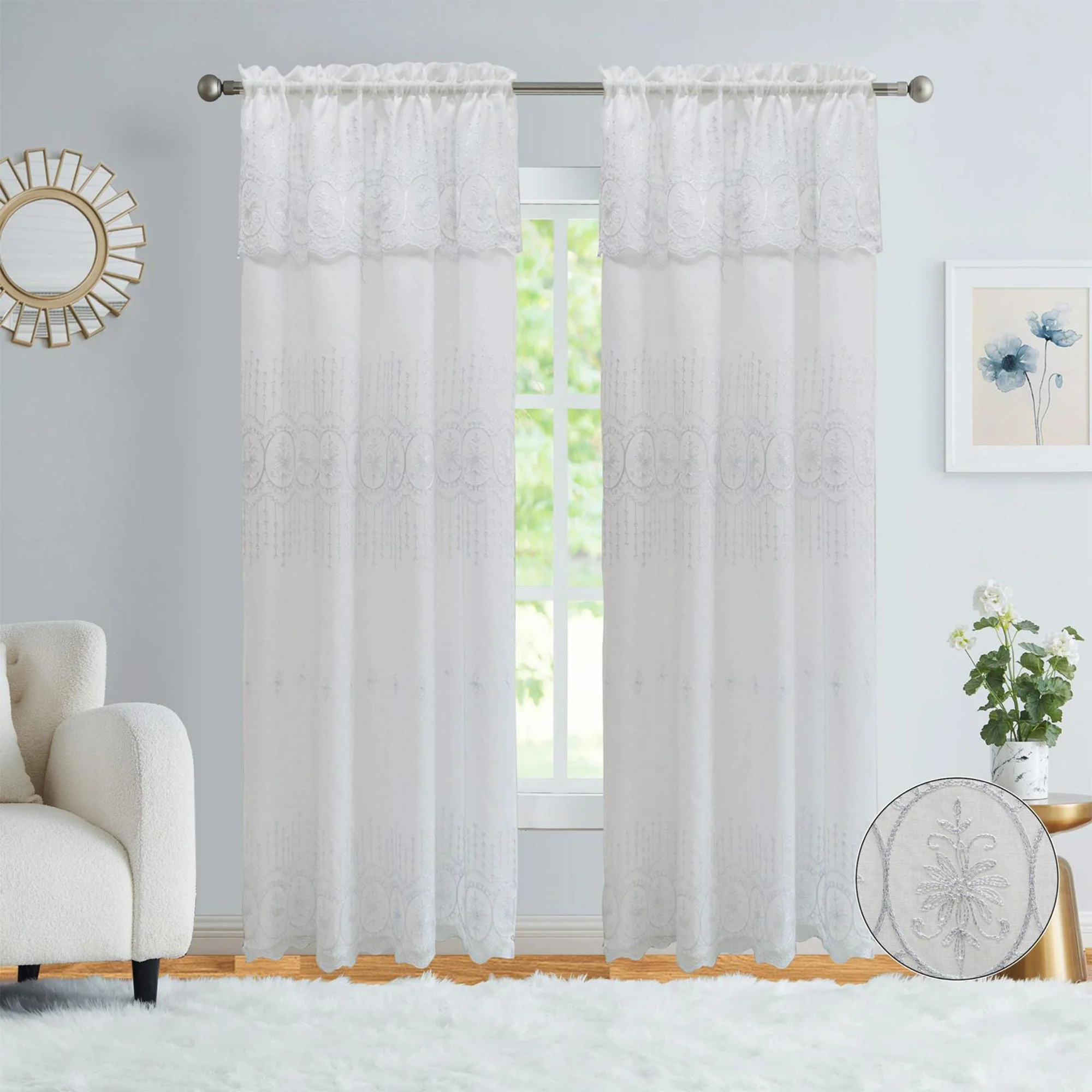 Vanessa Embroidered Rod Pocket Window Curtain Panel with Attached Valance, 54x84 Inches - Image 2