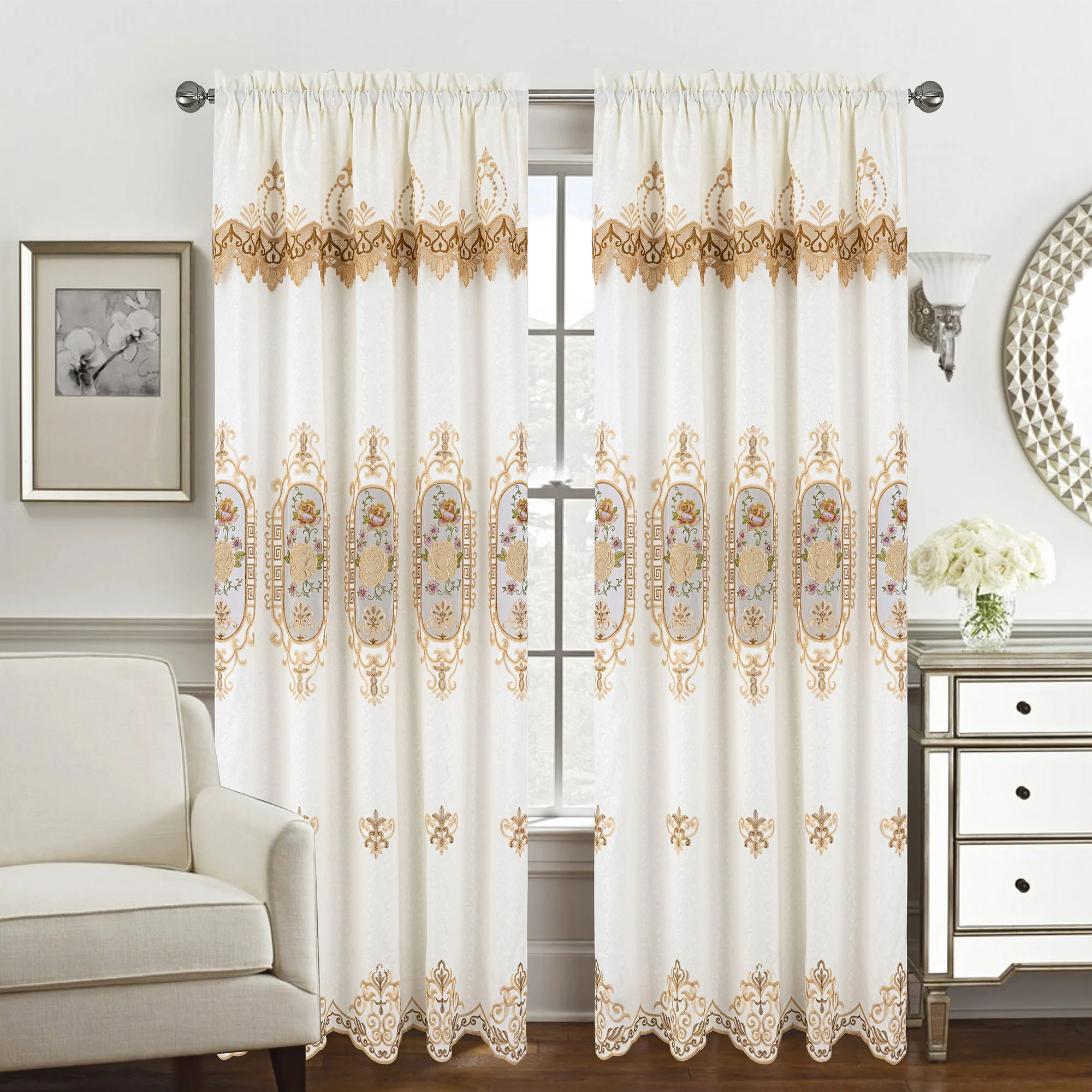 Veronica Floral Macrame Jacquard Window Panel with Attached Valance, 55x84 Inches - Image 3