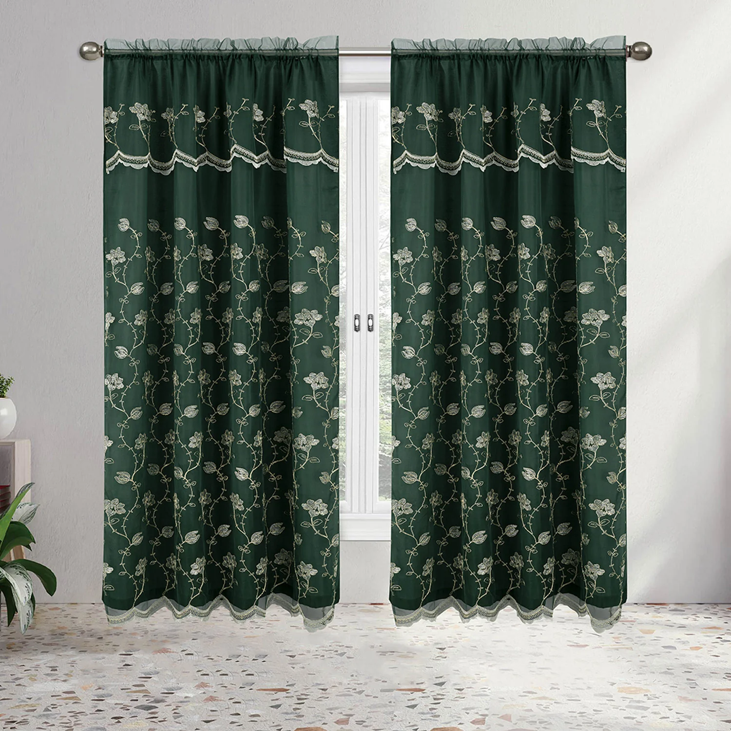 Viola Floral Embroidery Panel with Valance and Backing, 55x84 Inches - Image 3