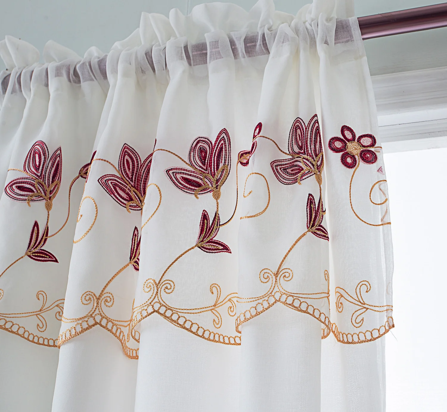 Vittoria Floral Embroidered Double Panel With Attached Valance, Burgundy, 54x84 Inches - Image 2