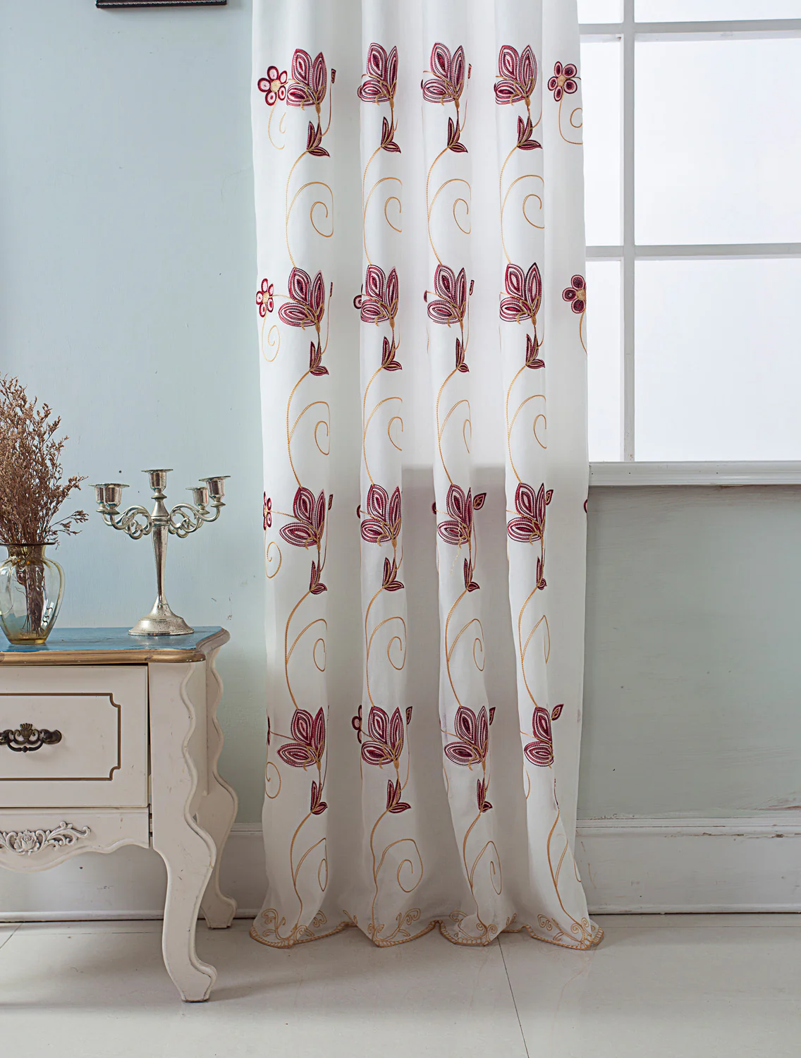 Vittoria Floral Embroidered Double Panel With Attached Valance, Burgundy, 54x84 Inches - Image 6