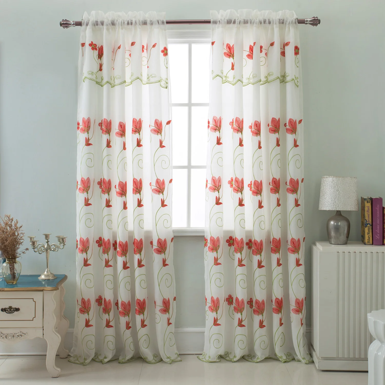 Vittoria Floral Embroidered Double Panel With Attached Valance, Coral, 54x84 Inches
