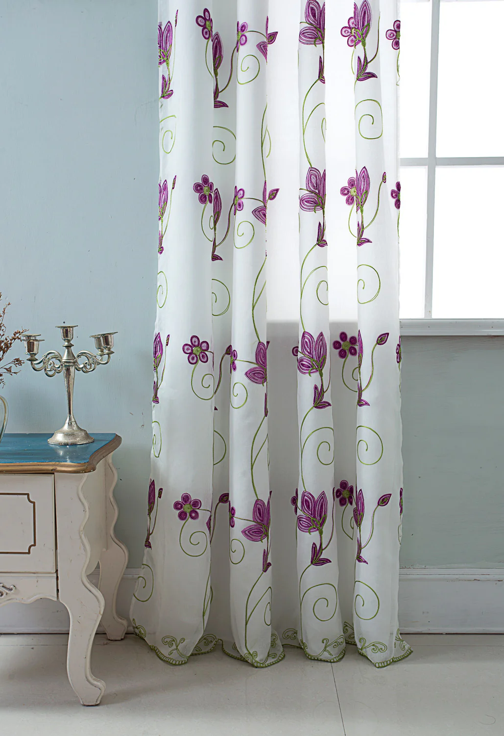 Vittoria Floral Embroidered Double Panel With Attached Valance, Purple, 54x84 Inches - Image 2