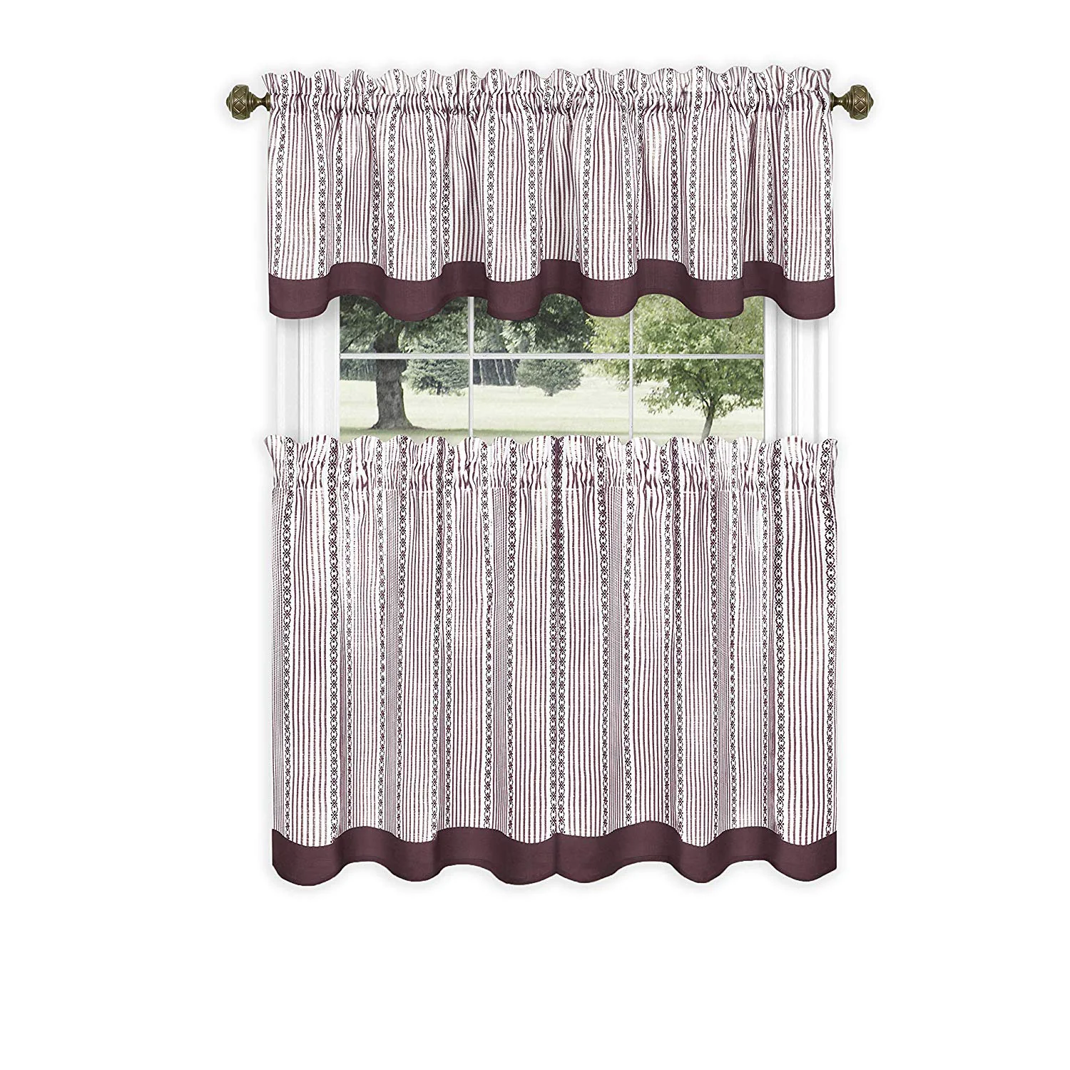 Westport 3-Piece Printed Kitchen Curtain Set, Burgundy, Tiers 58x36, Valance 58x14 Inches - Image 6