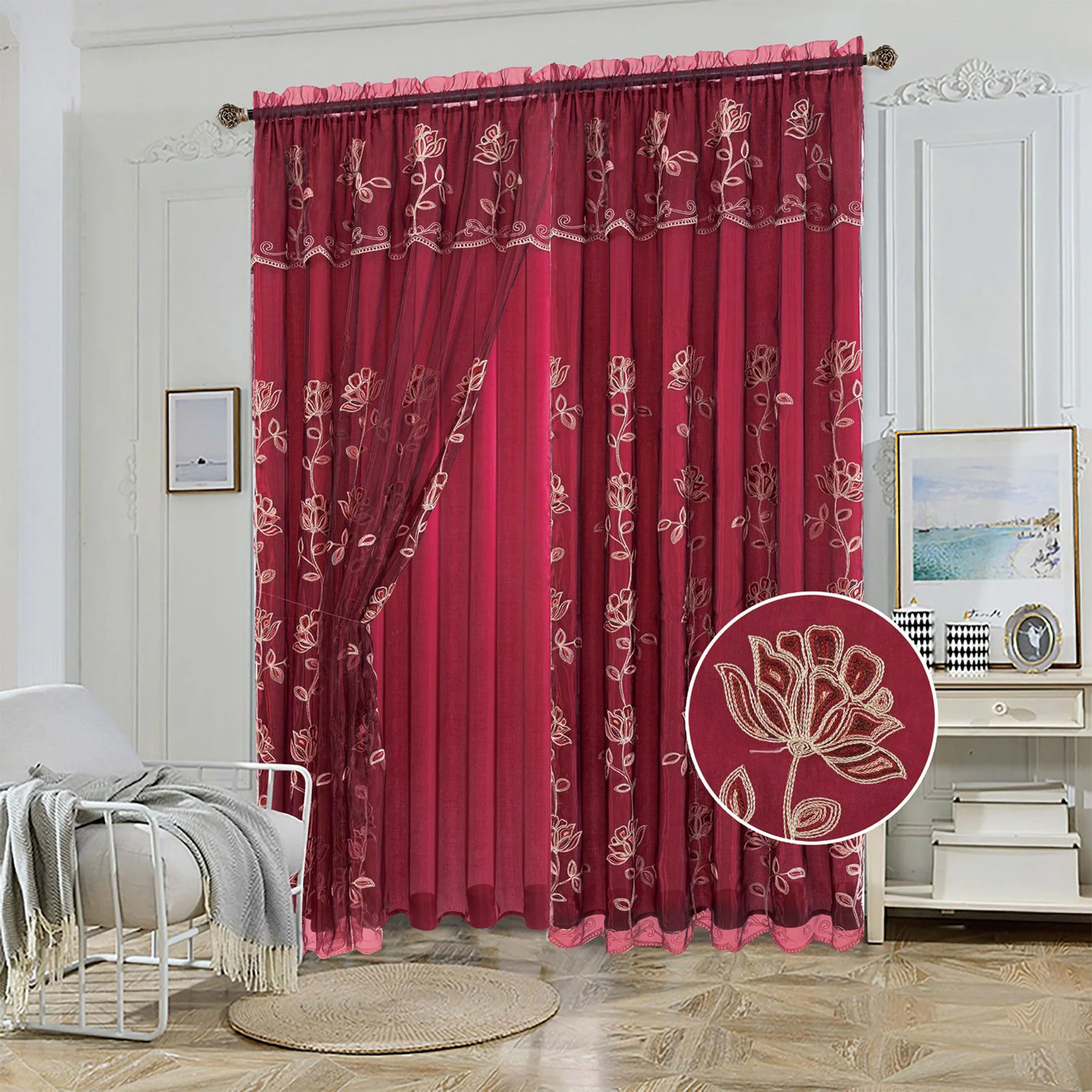 Yasmin Embroidered Window Curtain Panel with Attached Valance and Backing, 54x84 Inches - Image 2