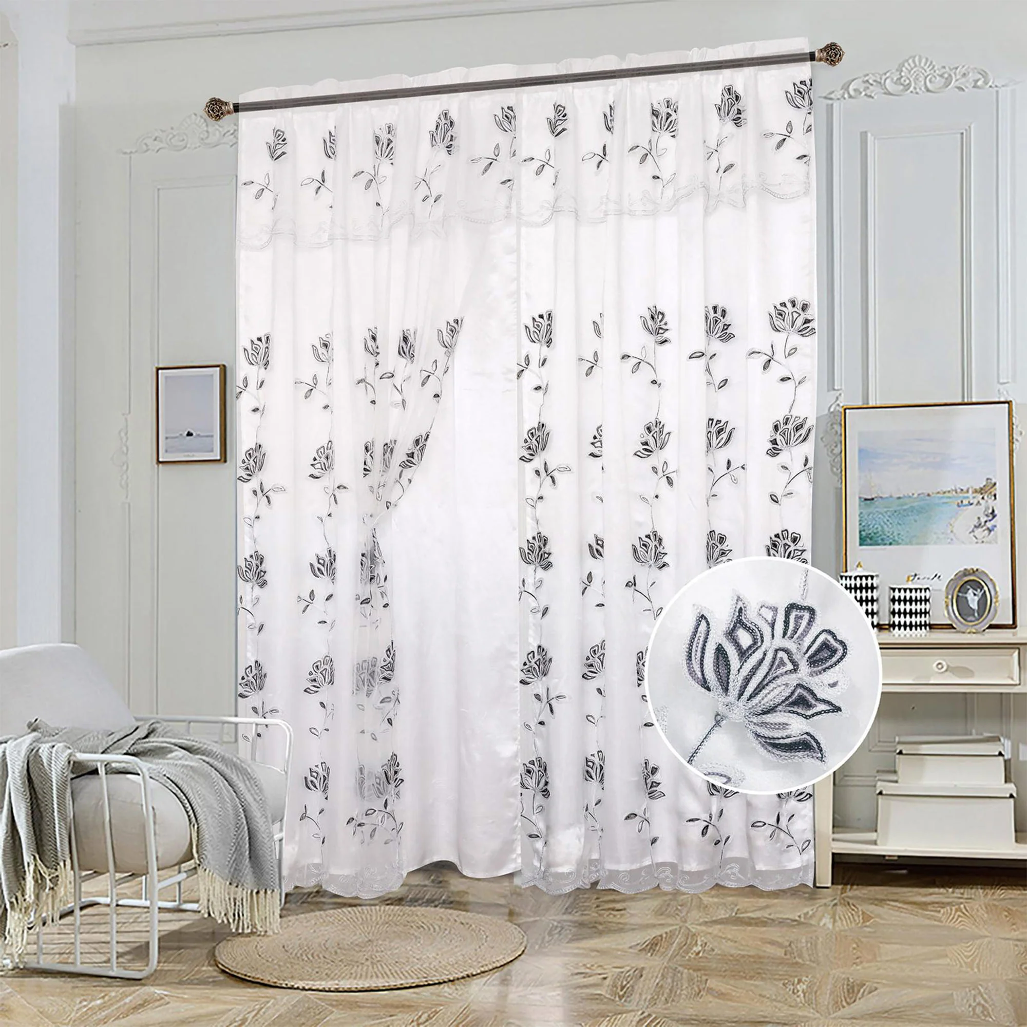 Yasmin Embroidered Window Curtain Panel with Attached Valance and Backing, 54x84 Inches - Image 3