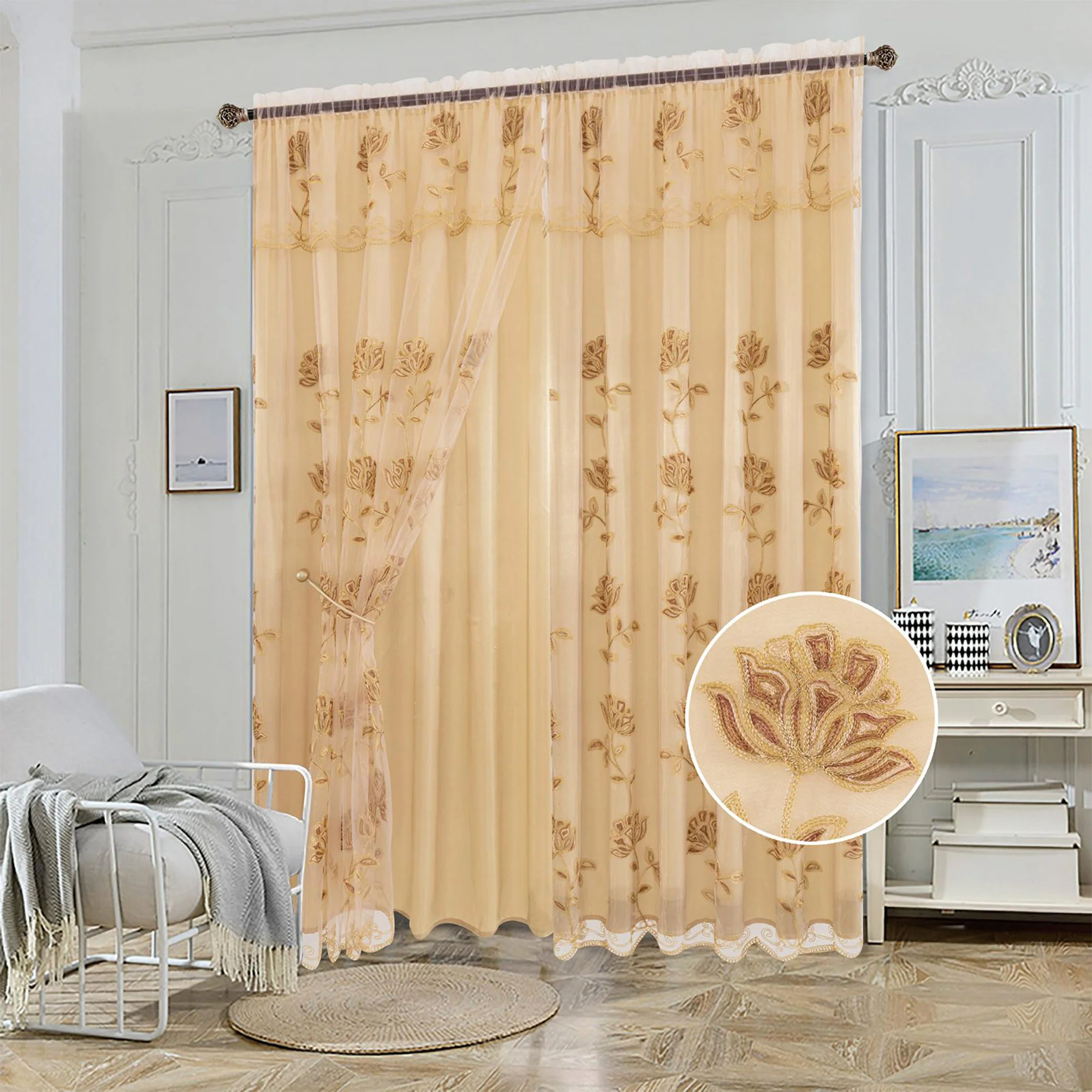 Yasmin Embroidered Window Curtain Panel with Attached Valance and Backing, 54x84 Inches - Image 4