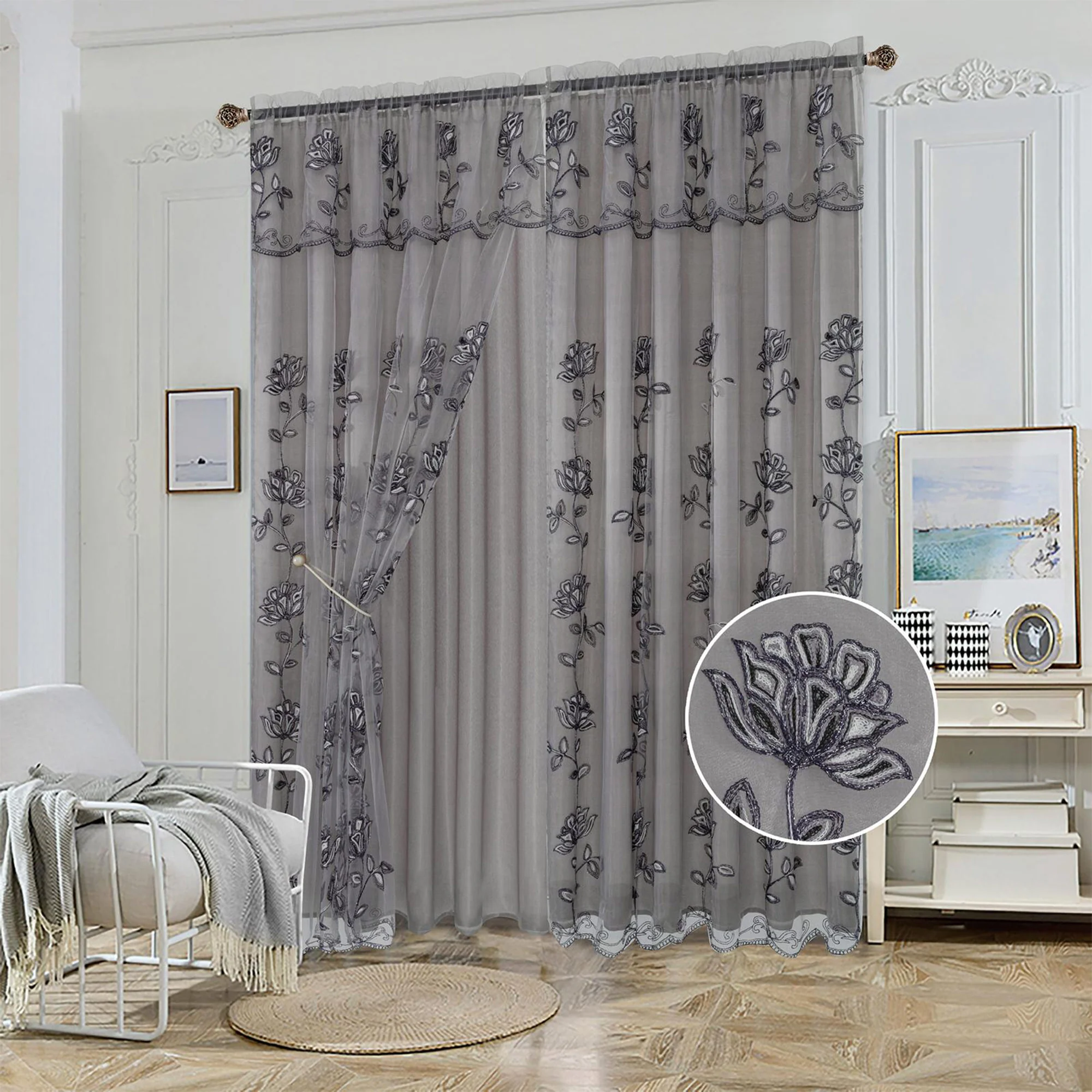 Yasmin Embroidered Window Curtain Panel with Attached Valance and Backing, 54x84 Inches - Image 5