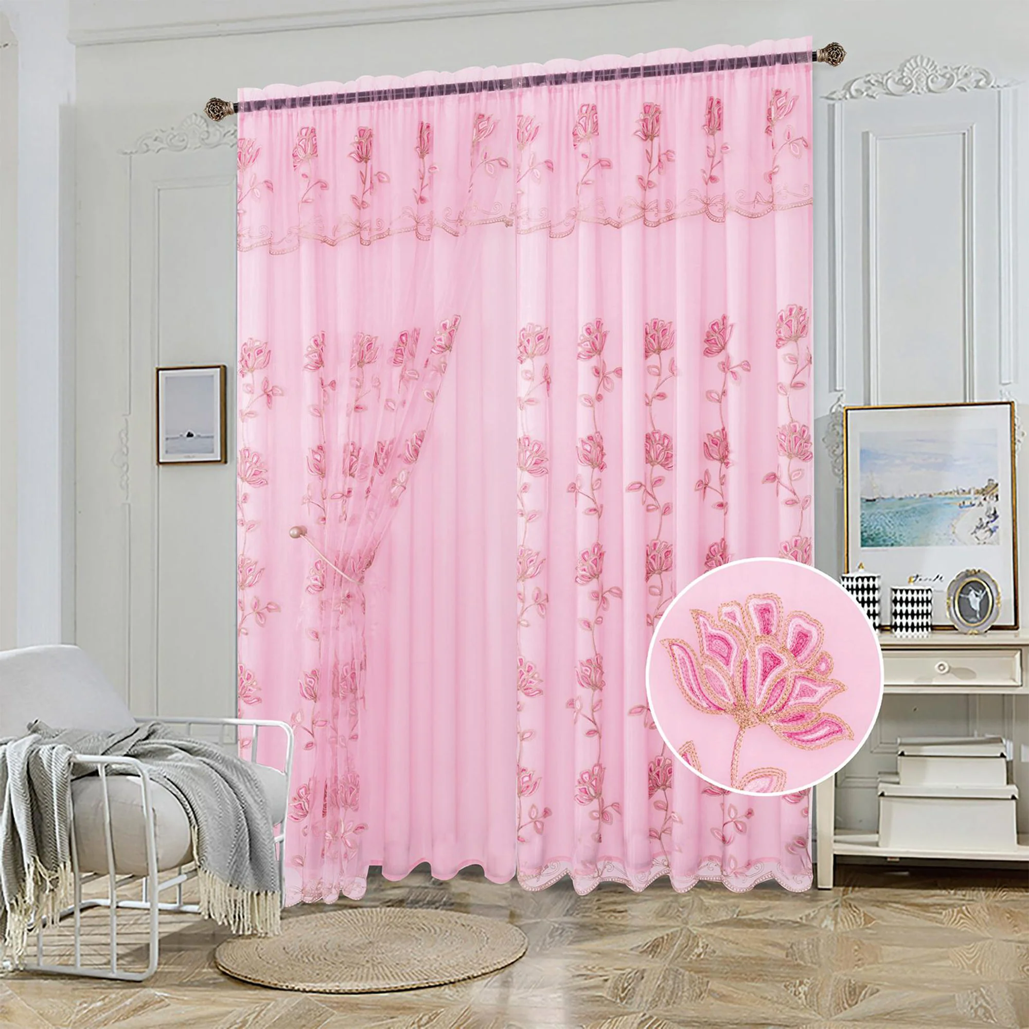 Yasmin Embroidered Window Curtain Panel with Attached Valance and Backing, 54x84 Inches - Image 6