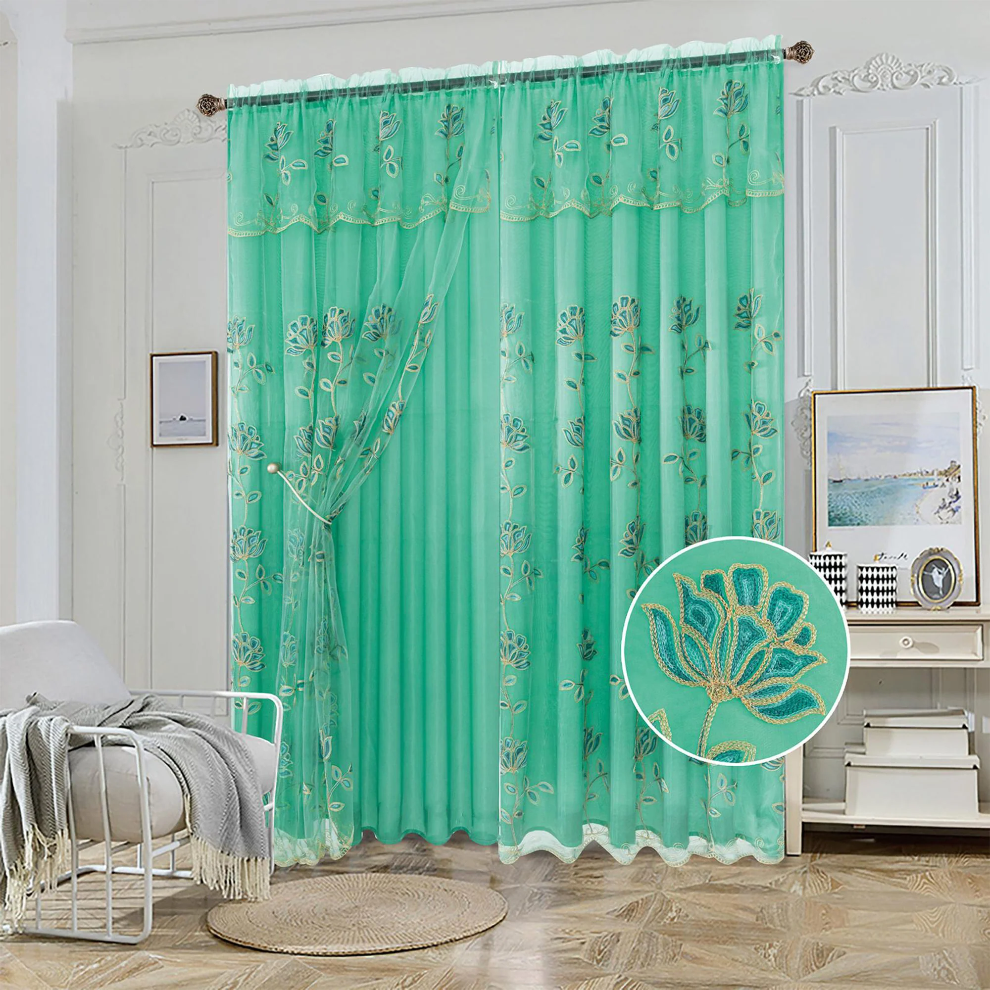 Yasmin Embroidered Window Curtain Panel with Attached Valance and Backing, 54x84 Inches - Image 7