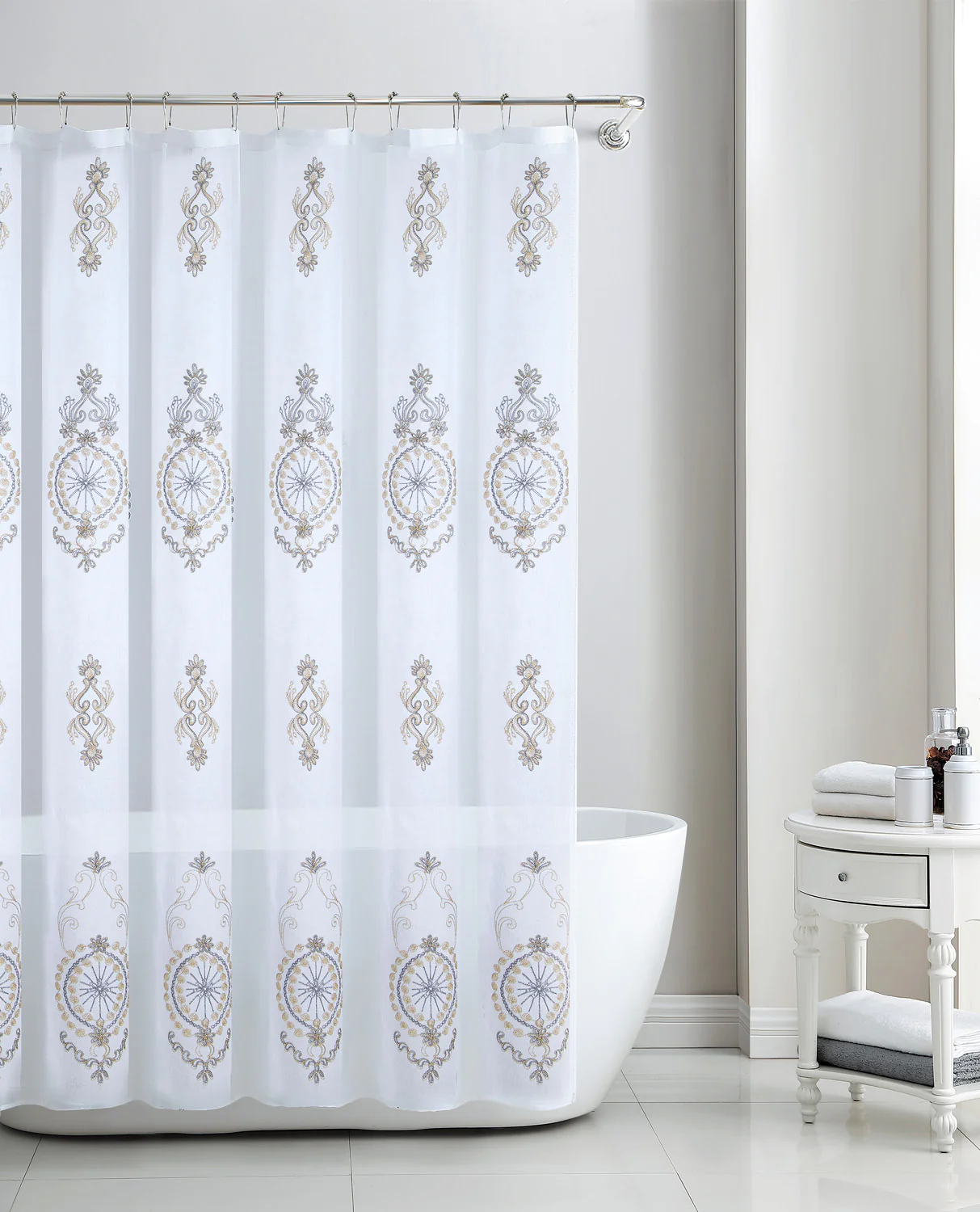 Zena Sheer Damask Embroidered Shower Curtain, Gold, 70x72 Inches